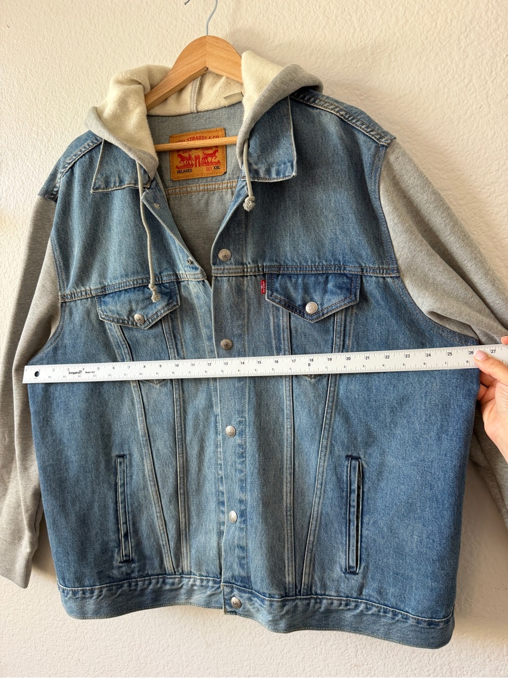 Levi's Blue Denim Jacket with Gray Hood and Sleeves - Picture 3 of 8